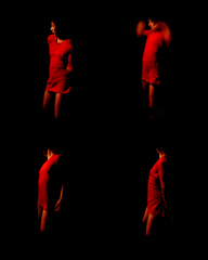Laurana Wong - Creep Dance - One by one, four of her, in orange freezeframe, gyrate in the darkness